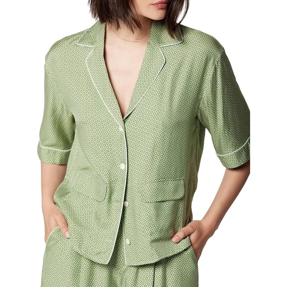$280 EQUIPMENT Women Leon Top Button Down Collar Short Sleeve Silk Green XS
